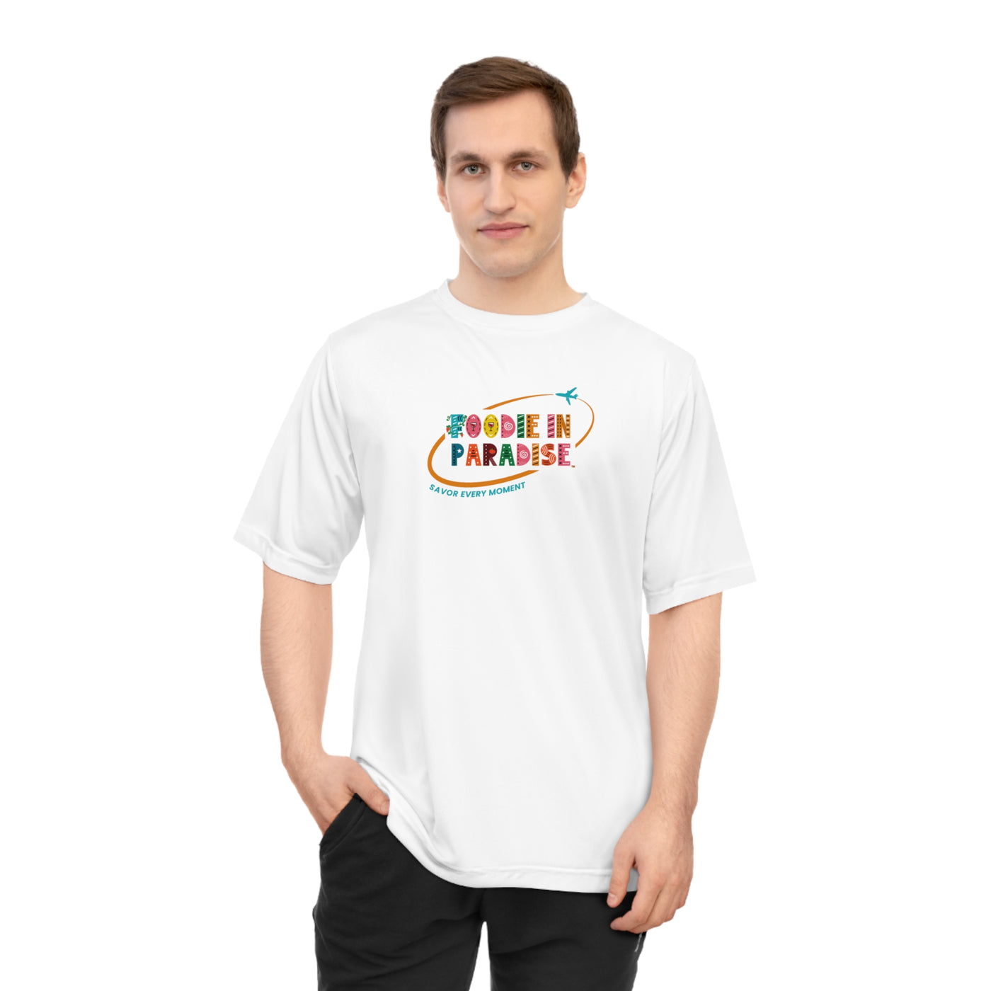 Foodie in Paradise Performance T-shirt | Unisex Athletic Tee, Summer Vibes, Beachwear, Gift for Food Lovers, Casual Wear